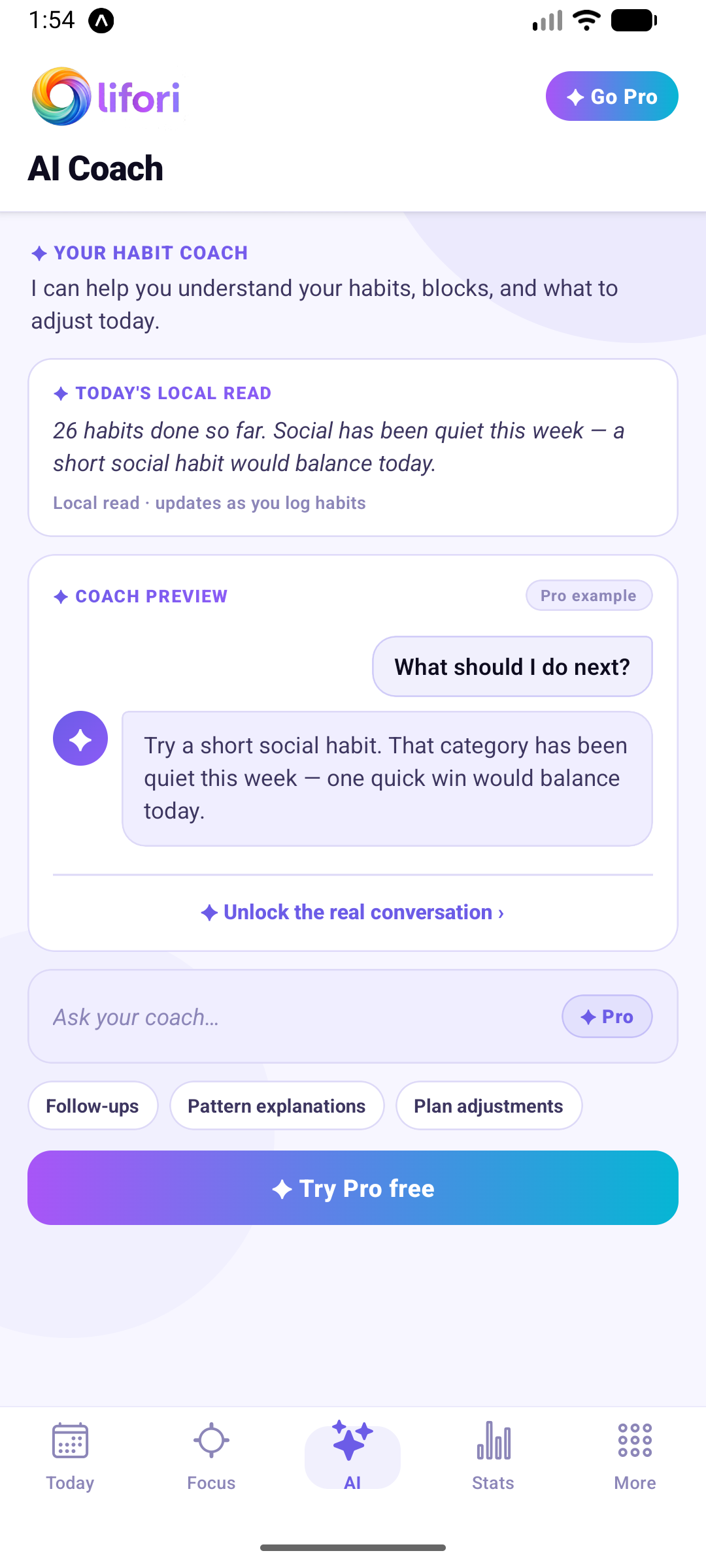 lifori AI Coach — personalised habit coaching chat with suggested prompts