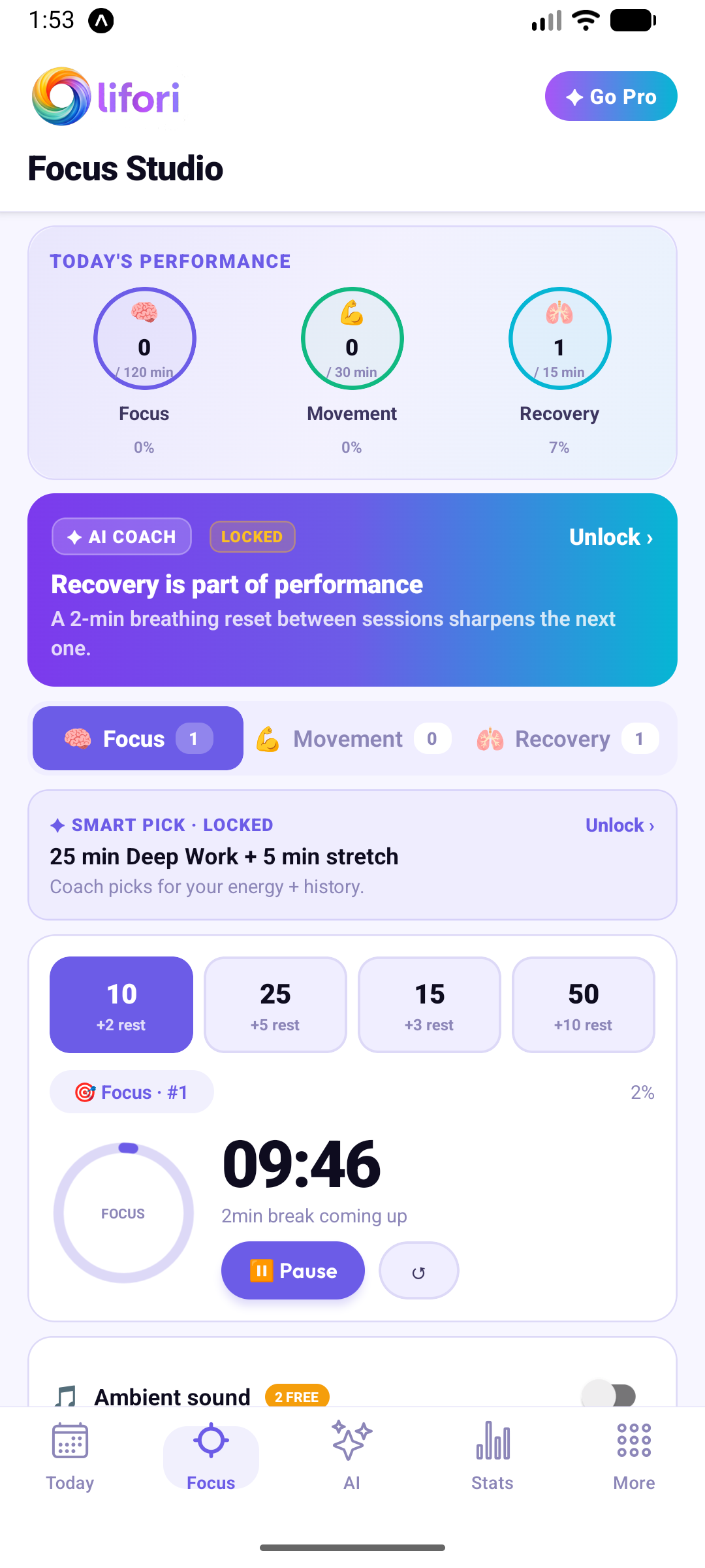 lifori Focus Studio — Pomodoro timer, movement log, and recovery session rings
