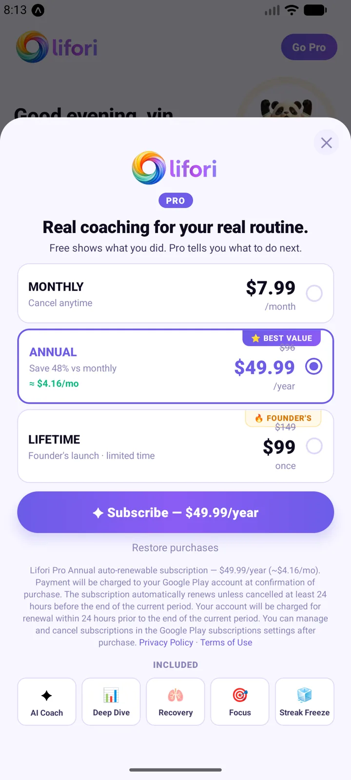 lifori Pro Pläne — monatlich $7.99, jährlich $49.99 mit 7 Tagen Gratis-Test, Lifetime $99 zum Founder-Preis