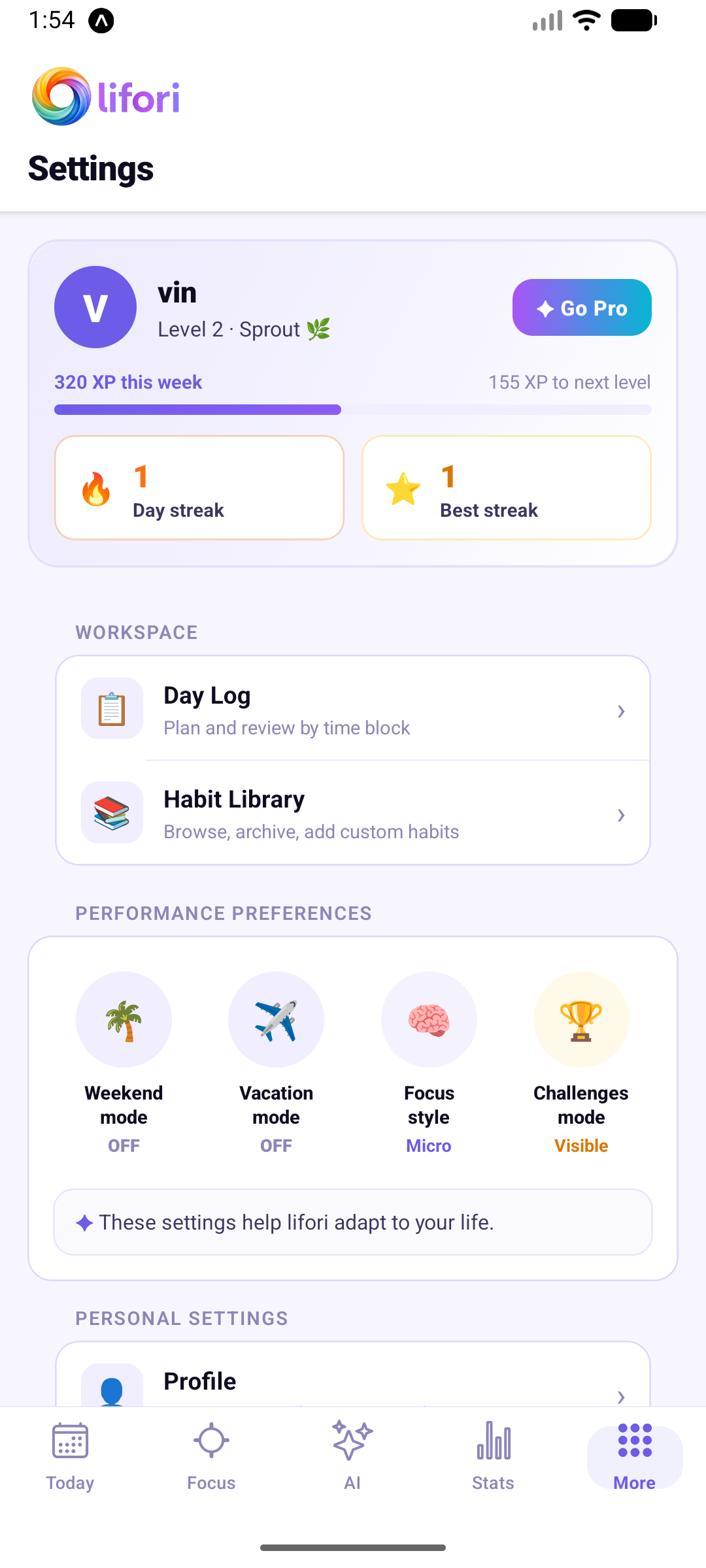 lifori More tab — profile with streaks, workspace shortcuts, and preference controls