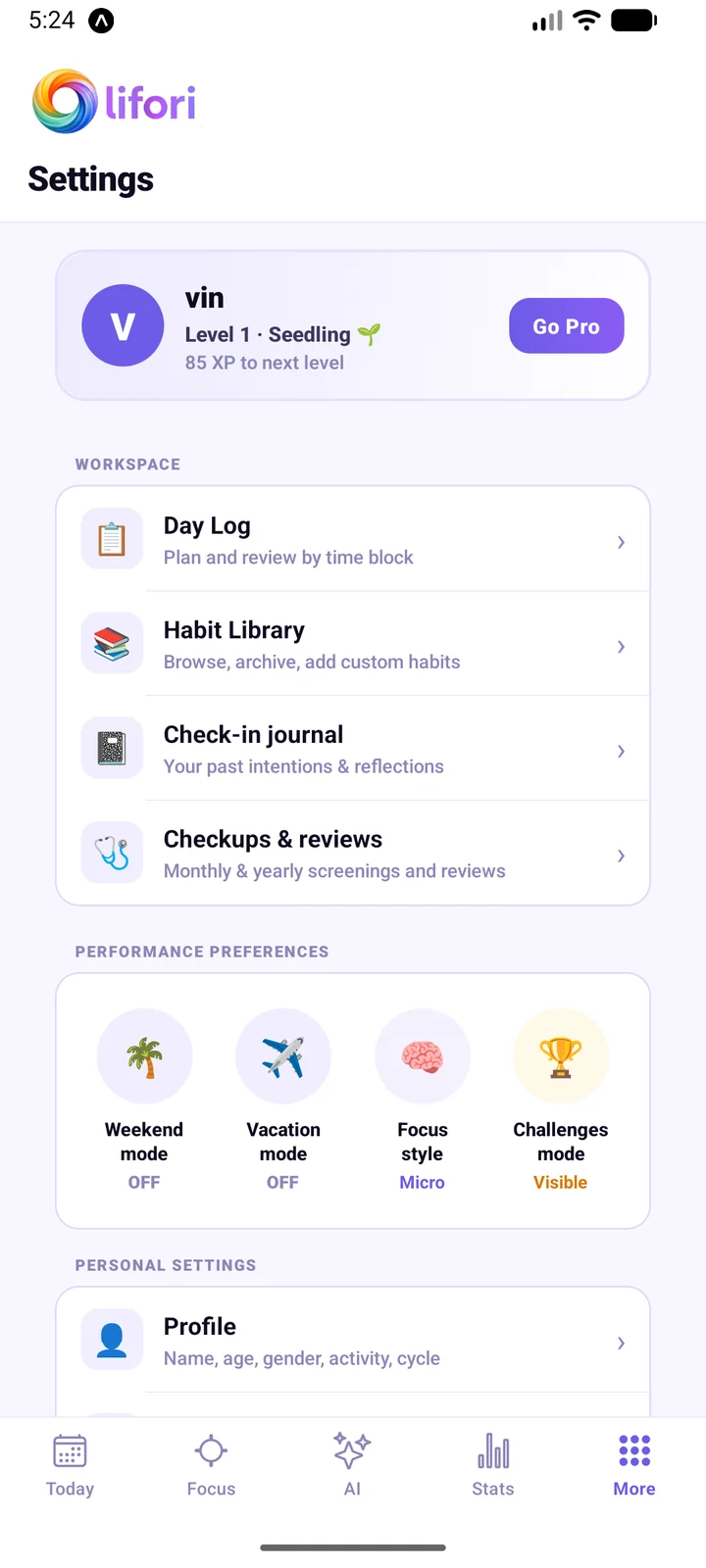 lifori Settings — profile with XP level, Day Log, Habit Library, check-in journal, and performance preferences